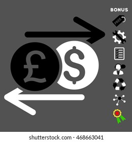 Currency Exchange icon with bonus pictograms. Vector illustration style is flat iconic bicolor symbols, black and white colors, gray background, rounded angles.