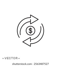 currency exchange icon, cash back cycle, return or swap money, trade, thin line symbol concept isolated on white background, editable stroke eps 10 vector illustration 