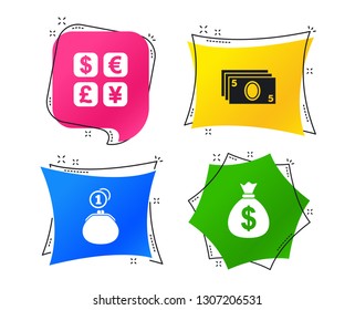 Currency exchange icon. Cash money bag and wallet with coins signs. Dollar, euro, pound, yen symbols. Geometric colorful tags. Banners with flat icons. Trendy design. Vector