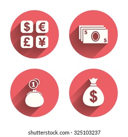 Currency exchange icon. Cash money bag and wallet with coins signs. Dollar, euro, pound, yen symbols. Pink circles flat buttons with shadow. Vector