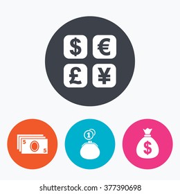Currency exchange icon. Cash money bag and wallet with coins signs. Dollar, euro, pound, yen symbols. Circle flat buttons with icon.