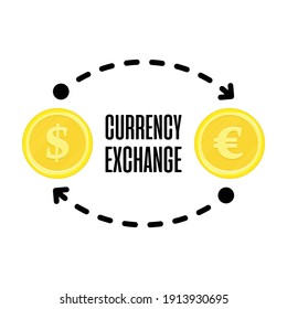 Currency exchange icon. Coin with dollar, euro sign and arrows.  Vector illustration in flat style. EPS 10.