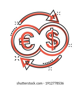 Currency exchange icon in comic style. Dollar euro transfer cartoon vector illustration on white isolated background. Financial process splash effect business concept.