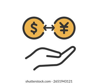 Ícone Câmbio de Moeda - Dólar para Yen Conversão com Símbolo de Mão
