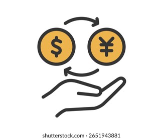 Ícone de câmbio de moeda - dólar e iene com setas e ilustração da mão