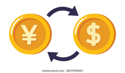 Currency exchange icon with dollar and yen coins connected by circular arrows representing foreign exchange finance conversion international payments and banking isolated vector illustration design