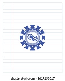 currency exchange icon drawn with pen. Blue ink. Vector Illustration. Detailed.