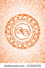 currency exchange icon inside abstract orange mosaic emblem with background