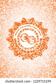 currency exchange icon inside abstract orange mosaic emblem with background