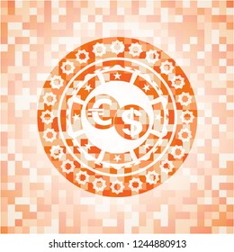 currency exchange icon inside abstract emblem, orange mosaic background