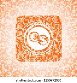 currency exchange icon inside abstract orange mosaic emblem