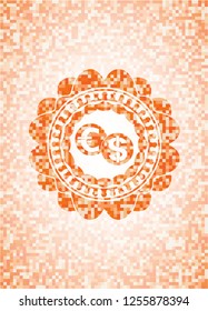 currency exchange icon inside abstract orange mosaic emblem with background