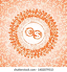 currency exchange icon inside abstract emblem, orange mosaic background