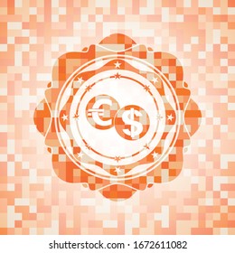 currency exchange icon inside abstract emblem, orange mosaic background