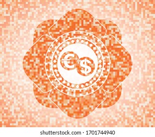 icono de cambio de moneda dentro del emblema abstracto de mosaico naranja con fondo