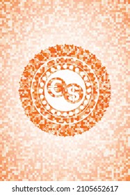 currency exchange icon inside abstract emblem, orange mosaic background. 
