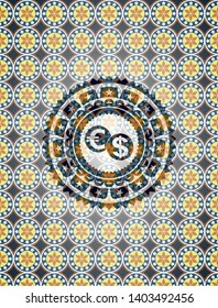 currency exchange icon inside arabesque badge background. arabic decoration.