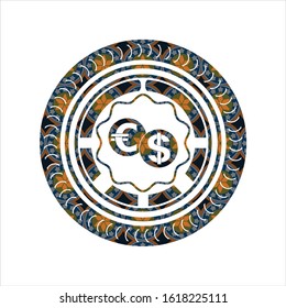 currency exchange icon inside arabesque badge. arabic decoration.