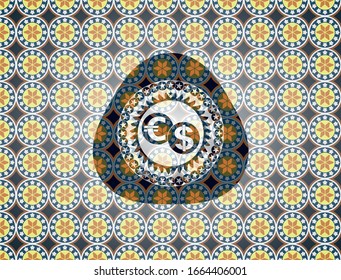 currency exchange icon inside arabic style badge. Arabesque decoration.