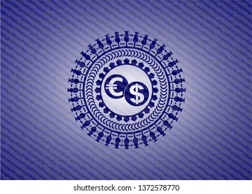 currency exchange icon inside badge with denim texture