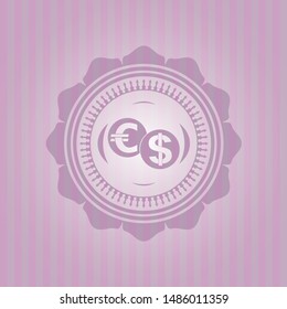 currency exchange icon inside badge with pink background