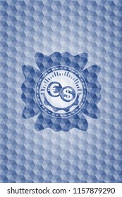 currency exchange icon inside blue badge with geometric background.