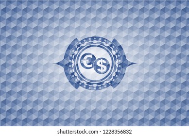 currency exchange icon inside blue polygonal emblem.