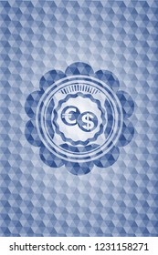 currency exchange icon inside blue emblem with geometric background.