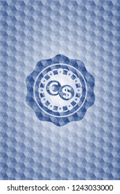 currency exchange icon inside blue polygonal emblem.