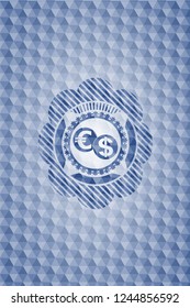 currency exchange icon inside blue hexagon emblem.