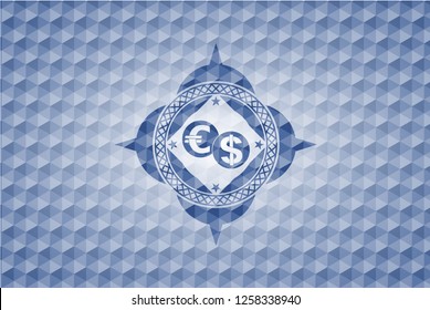currency exchange icon inside blue emblem or badge with abstract geometric pattern background.