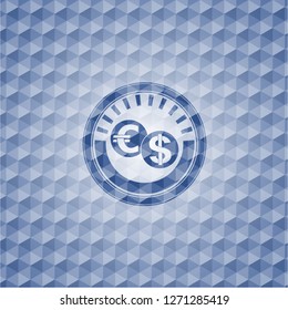 currency exchange icon inside blue emblem with geometric pattern.