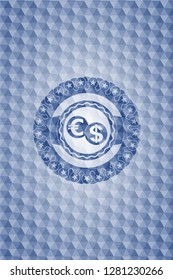 currency exchange icon inside blue emblem with geometric pattern background.