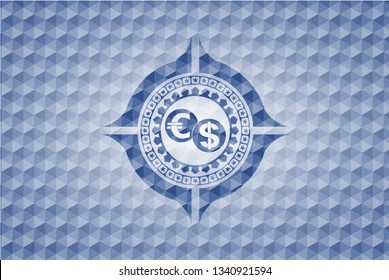 currency exchange icon inside blue emblem or badge with abstract geometric polygonal pattern background.