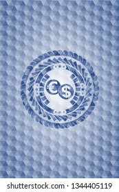 currency exchange icon inside blue polygonal emblem.