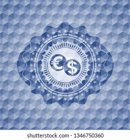 currency exchange icon inside blue hexagon emblem.