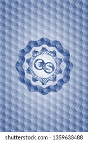 currency exchange icon inside blue badge with geometric background.