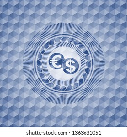 currency exchange icon inside blue polygonal emblem.