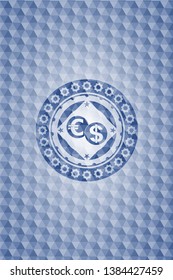 currency exchange icon inside blue hexagon emblem.