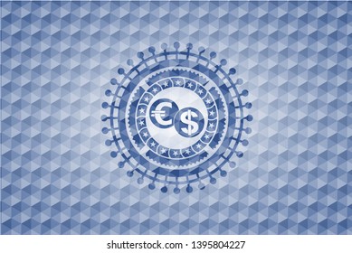 currency exchange icon inside blue emblem with geometric background.