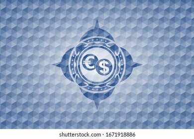 currency exchange icon inside blue badge with geometric pattern.
