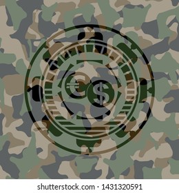 currency exchange icon inside camouflaged emblem