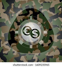 currency exchange icon inside camouflaged emblem