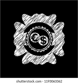 currency exchange icon inside chalkboard emblem written on a blackboard