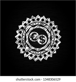 currency exchange icon inside chalkboard emblem