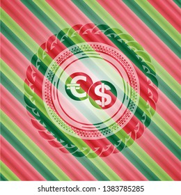 currency exchange icon inside christmas badge background.