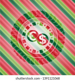 currency exchange icon inside christmas badge background.