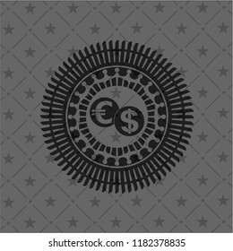 currency exchange icon inside dark emblem. Retro