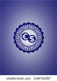 currency exchange icon inside emblem with jean background