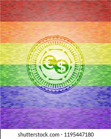 currency exchange icon inside emblem on mosaic background with the colors of the LGBT flag